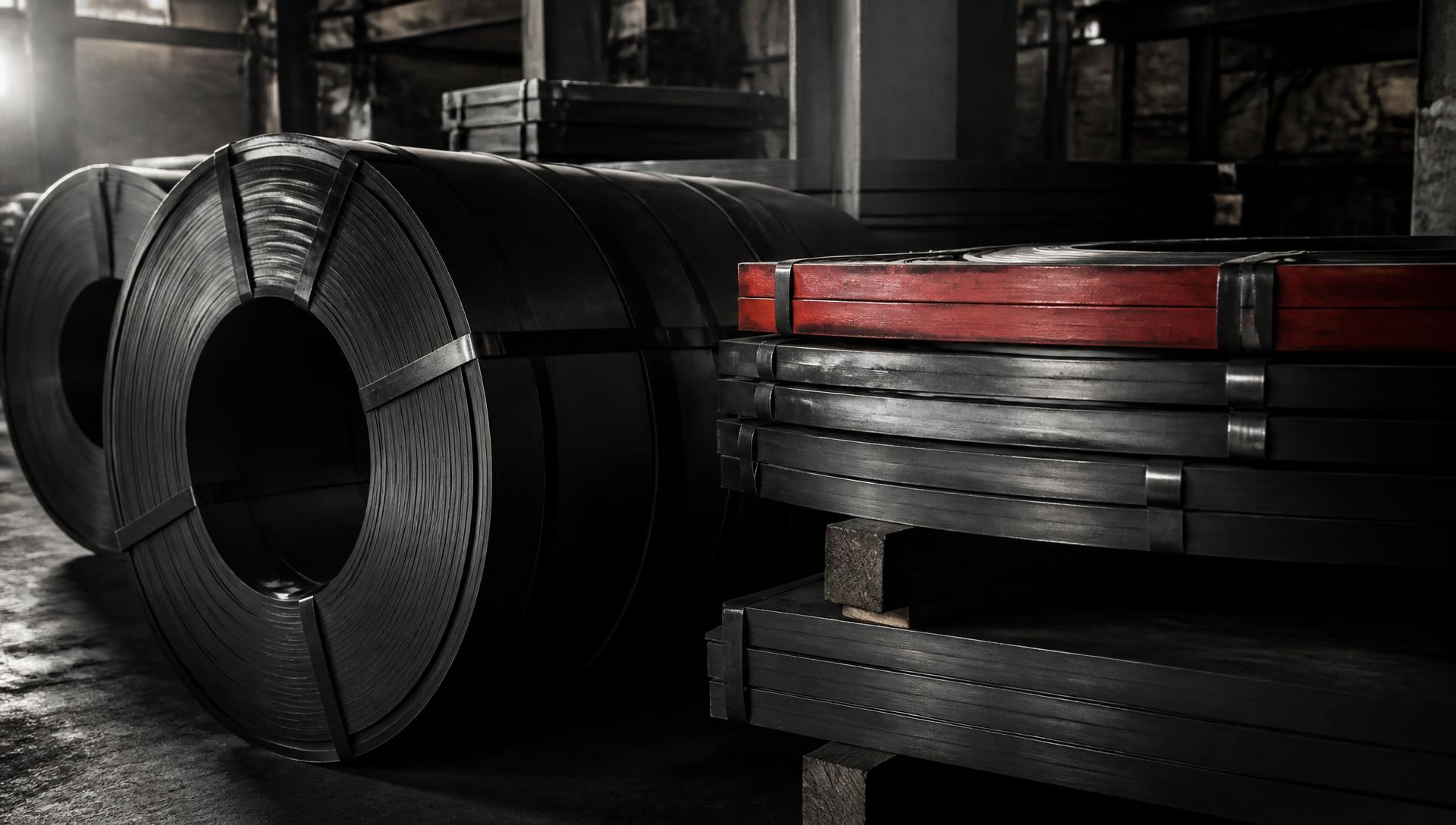 Steel strapping coils in an industrial warehouse